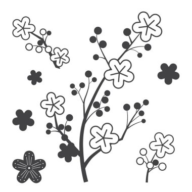 Japanese cherry blossom branches outline illustrations. Hand drawn sakura flowers isolated on white background.