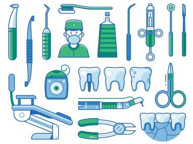 Diş elementleri ortodontik aletler ve dişçi aletleriyle ayarlandı. Dişçilik aletleri ve ağız hijyen aletleri de dahil olmak üzere sanat tasarımı alanında stomatoloji klinik hizmetleri ekipmanları.