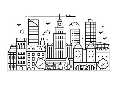 Varşova gökdelenleri, ofis binaları ve ulaşım araçları olan gökyüzü. Şehir merkezindeki modern şehir manzarası. Polonya 'nın başkenti şehir merkezi iş merkezi tasarımı hizasında.