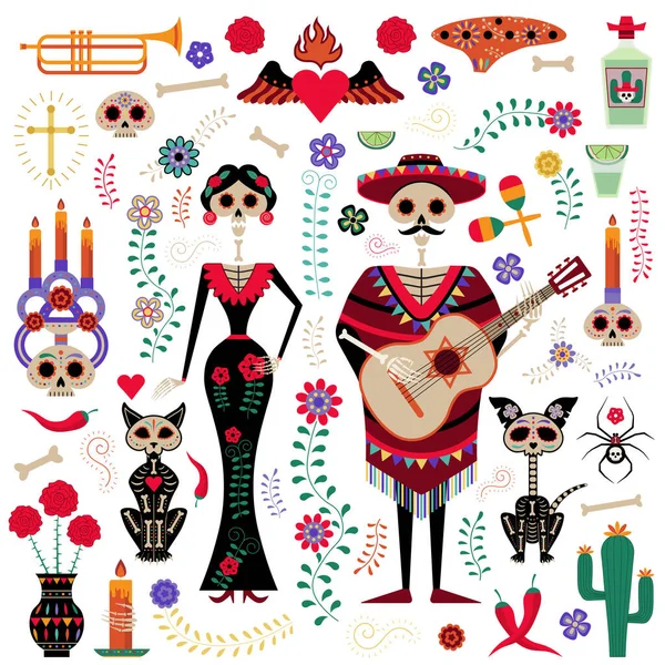 Geleneksel Meksika Giysileri Sombrero Kafatasları Müzik Aletleri Yanan Mumlar Çiçekler — Stok Vektör