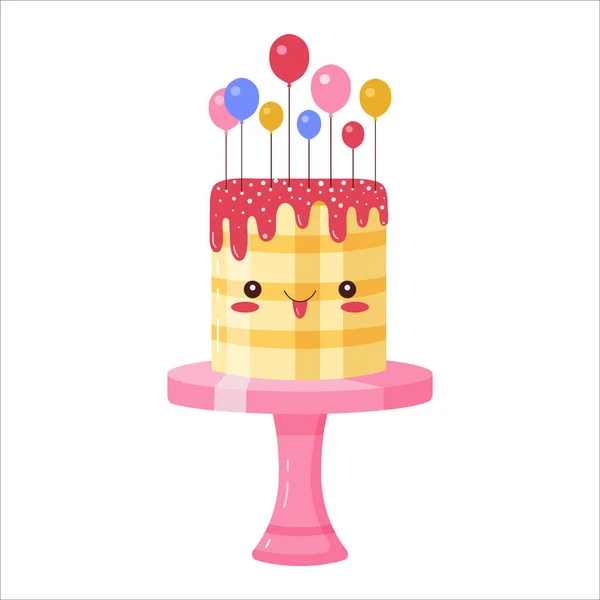 可爱的生日庆祝蛋糕的性格 笑容可亲的卡瓦卡通片气球蛋糕 滑稽的甜点 五彩斑斓的分层烘焙装饰着糖霜 甜言蜜语的脚饼伸出来了 — 图库矢量图片