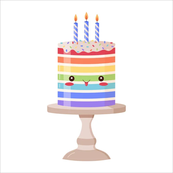 可爱的生日庆祝蛋糕的性格 笑笑卡瓦卡通片彩虹蛋糕与燃烧的蜡烛 有趣的五彩斑斓的层次化甜点 甜言蜜语 脚踏蛋糕快乐 — 图库矢量图片