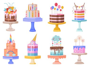 Birthday celebration cakes for children parties and corporate events. Colorful baked desserts set with anniversary candles, cream icing and decoration. Holiday party sweets collection. clipart