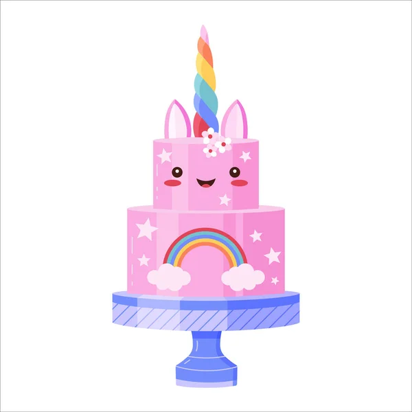 可爱的生日庆祝蛋糕的性格 笑笑卡瓦粉红独角兽的食物 有趣的甜点与可食彩虹角 面包店装饰与星星和花朵 甜言蜜语 脚踏蛋糕快乐 — 图库矢量图片