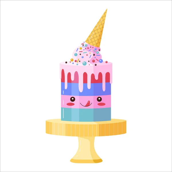 Χαριτωμένος Χαρακτήρας Τούρτα Γενεθλίων Κέικ Παγωτό Καρτούν Kawaii Αστείο Επιδόρπιο — Διανυσματικό Αρχείο