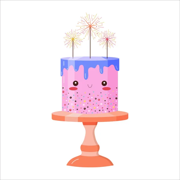 可爱的生日庆祝蛋糕的性格 微笑卡瓦的卡通蛋糕 顶部点着熊熊灯 有趣的层次分明的甜点装饰着闪亮的灯光 甜言蜜语 脚踏蛋糕快乐 — 图库矢量图片