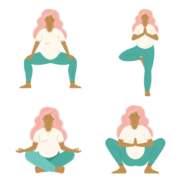 Meditating Pregnant Woman Doing Prenatal Exercises Different Yoga Poses Pregnancy — Stock Vector