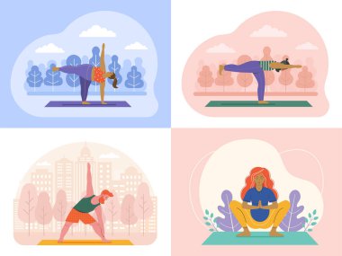 Erkekler ve kadınlar meditasyon yapıyor ve dışarıda spor yapıyorlar. Şehir parkında çeşitli insanlar yoga yapıyor. Doğada erkek ve kadın eğitimli açık hava idman sahneleri..