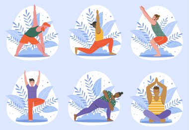 Yoga ve meditasyon yapan çeşitli adamlar. Farklı erkekler meditasyon yapıyor ve açık havada spor yapıyor. Yoga, esneme ve antrenman yapan bir grup adam..