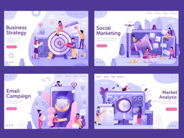 Çevrimiçi pazarlama işi web pankartları. Reklam hizmetleri için sosyal medya tanıtım sayfası şablonları. Şirket stratejisi, e-posta kampanyası, ana iş hedefleri ve web sitesi analitik kavramları.
