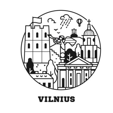 Gediminas kale kulesi ve katedral binalarından esinlenerek Vilnius ikonunu gezin. Litvanya 'nın başkenti turistik döngü amblemi. Tarihi şehir silüeti manzaralı..