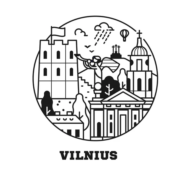 Ікона Вільнюса Натхненна Вежею Замку Гедимінас Будівлями Собору Тонка Лінія — стоковий вектор