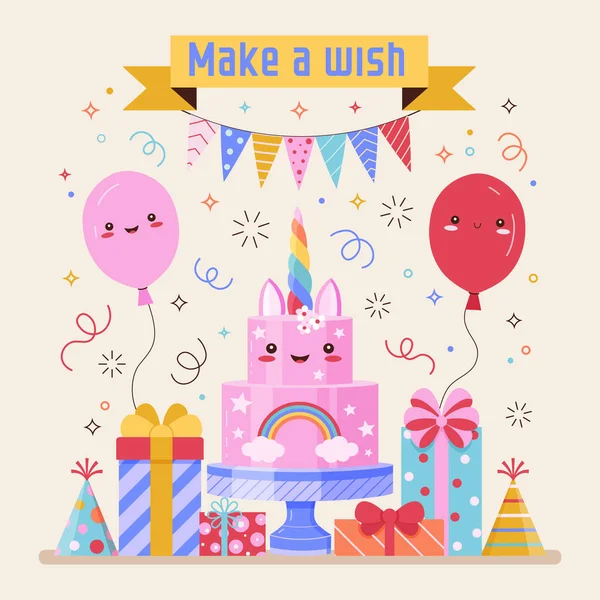 Desejando Feliz Aniversário Cartão Saudação Com Bolo Kawaii Bonito Balões —  Vetores de Stock