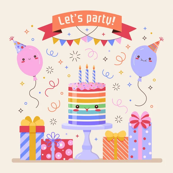 Γενέθλια Πρόσκληση Κόμμα Κάρτα Χαριτωμένο Κέικ Kawaii Μπαλόνια Κινουμένων Σχεδίων — Διανυσματικό Αρχείο
