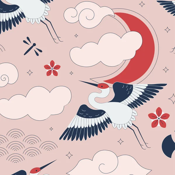 Japanse Rode Gekroonde Kranen Naadloos Patroon Tsuru Vogels Vliegen Lucht — Stockvector