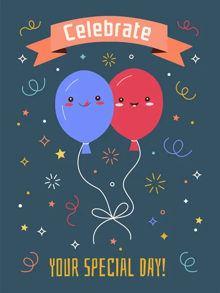 Cartão Aniversário Com Dois Balões Kawaii Fita Brilhante Texto Sobre —  Vetores de Stock