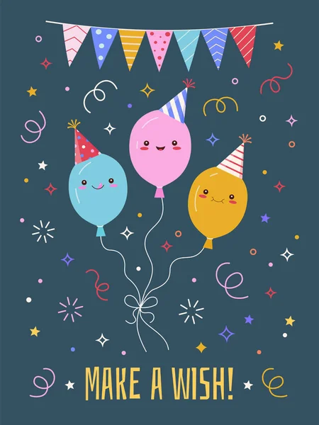 Κάντε Μια Ευχετήρια Κάρτα Ευχή Τρία Χαριτωμένα Μπαλόνια Kawaii Καπέλα — Διανυσματικό Αρχείο