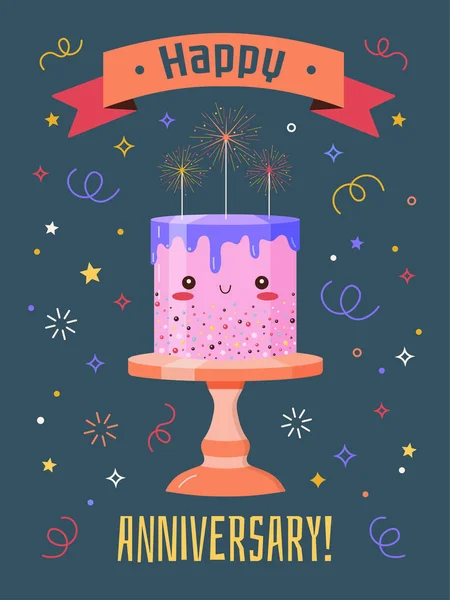 Καλή Επέτειο Έννοια Ευχετήρια Κάρτα Χαριτωμένο Κέικ Κομφετί Και Γιορτάζει — Διανυσματικό Αρχείο