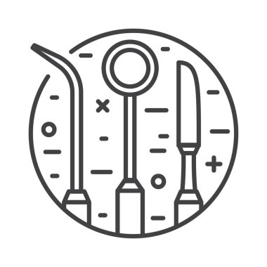 Dental tools and stomatological instruments circle icon in line art design.