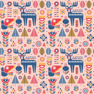 Köy hayvanları ve bitkilerin olduğu kuzey ormanı. Geometrik geyik, kuş ve çiçeklerle İskandinav minimalist süsü. Kumaş, tekstil ve hediye paketi için arka plan tekrarlanıyor.