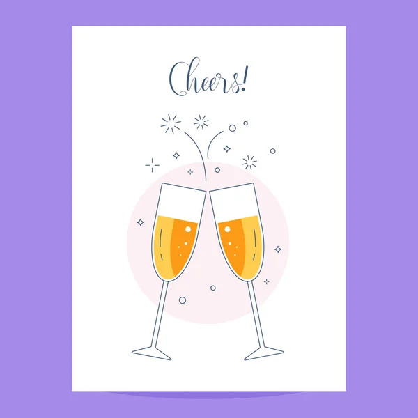 シャンパンのタッチグラスでグリーティングカード おめでとうポストカードラインアートベクトルイラスト シャンパンの歓声で2つのクリンクグラス 白の背景に最小限の招待状 — ストックベクタ
