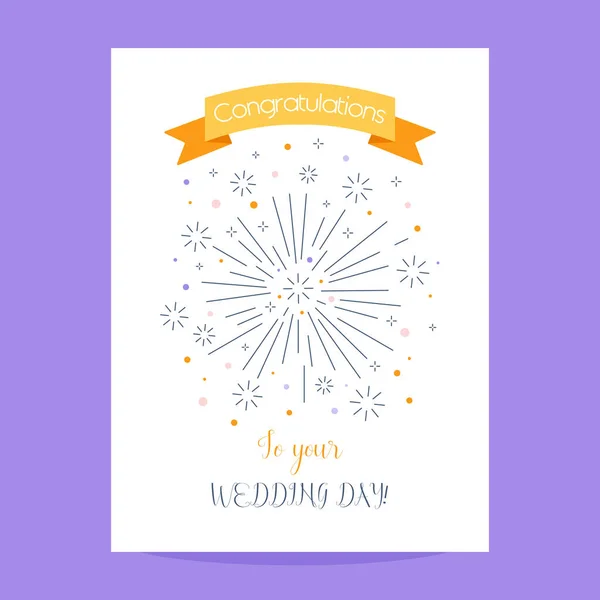 Hochzeitsgratulationskarte Mit Feuerwerk Linienziehung Glückwunsch Ein Glückliches Paar Ihrem Hochzeitstag — Stockvektor