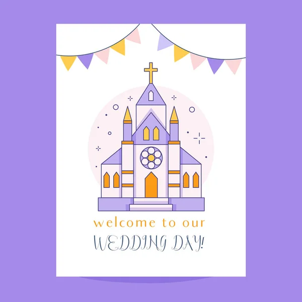Hochzeitseinladungskarte Mit Kalenderstrichzeichnung Willkommen Bei Hochzeitstag Postkartendesign Mit Romantischer Kapelle — Stockvektor