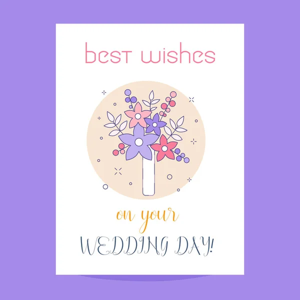 Glückliche Hochzeitsgrußkarte Mit Blumenstrauß Linie Art Design Glückwunsch Postkartenillustration — Stockvektor