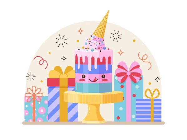 生日快乐的概念与可爱的Kawaii蛋糕 意大利面和礼物缎带领带盒 生日庆祝会的喜庆场面采用平板设计 — 图库矢量图片