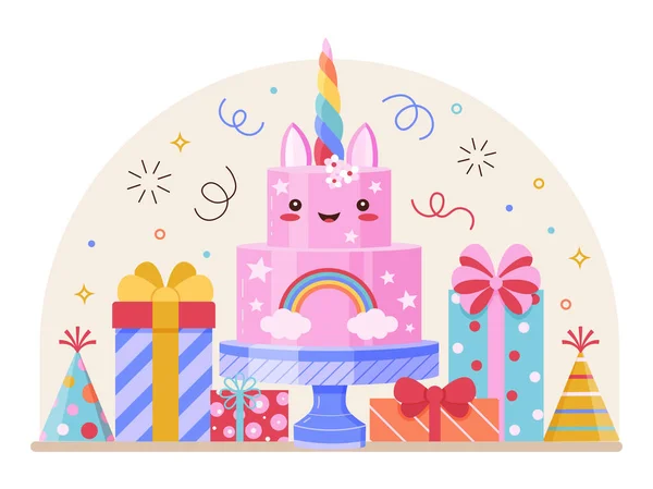 生日快乐的概念与可爱的Kawaii蛋糕 意大利面和礼物缎带领带盒 生日庆祝会的喜庆场面采用平板设计 — 图库矢量图片