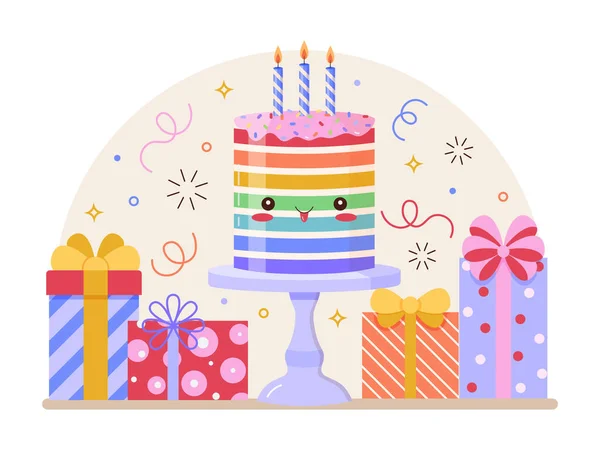 Joyeux Anniversaire Concept Salutation Avec Gâteau Kawaii Mignon Confettis Boîtes — Image vectorielle