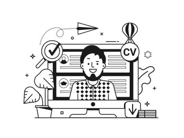 Modern profesyonel başvuru formuna iş başvurusu konsepti. Yeni çalışan çevrimiçi iş başvuru formu ile CV binası veya insan kaynakları arama çizelgesi çizimi çizimi.