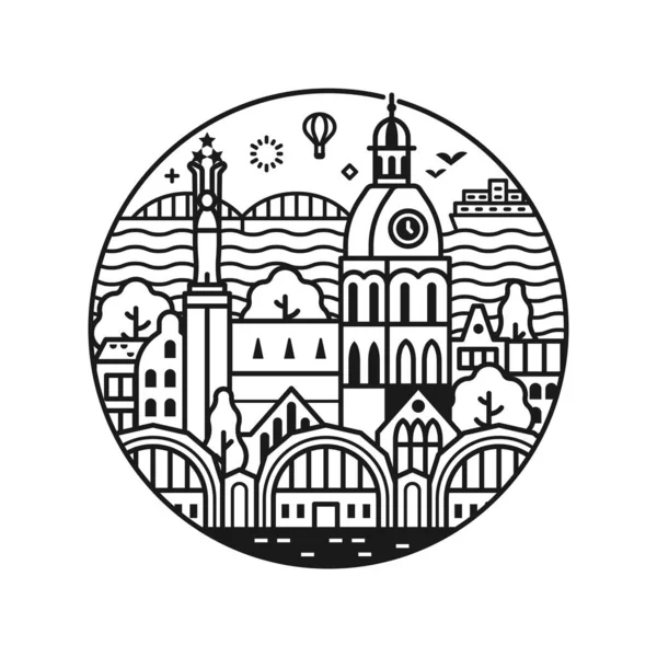 Viaje Icono Riga Con Catedral Gótica Medieval Monumento Libertad Mercado — Vector de stock