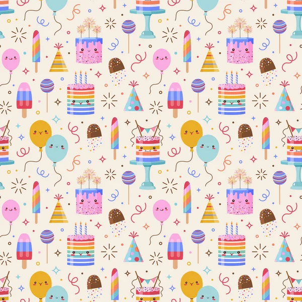 Happy Birthday Seamless Pattern Cute Kawaii Cakes Cartoon Balloons Confetti — Stock Vector
