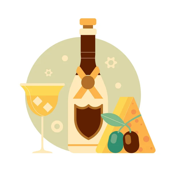 庆祝的例证与一瓶香槟 法国派对现场 有闪闪发光的葡萄酒 鸡尾酒杯 饮料和小吃中的冰块 配上奶酪和橄榄的饮料 — 图库矢量图片