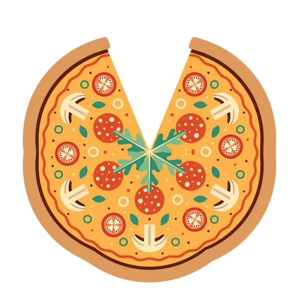Pizza Italiana Con Champiñones Salami Queso Tomates Aceitunas Rúcula Pastel — Vector de stock