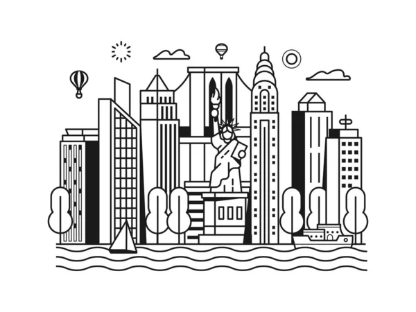 사무실 자유의 뉴욕의 도시의 비즈니스 디자인에 있습니다 대도시의 스카이라인 현수막 — 스톡 벡터