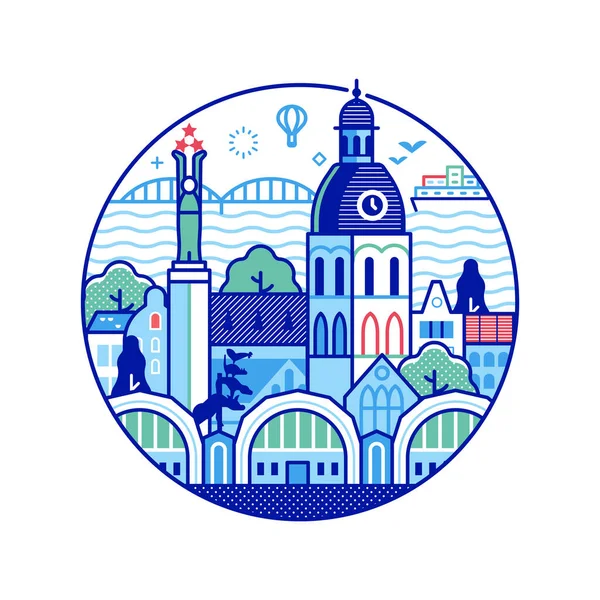 Ícone Riga Viagem Com Catedral Gótica Medieval Monumento Liberdade Mercado — Vetor de Stock