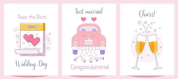Hochzeitswunschkarten Mit Sekt Und Liebeskalender Glückwunschpostkarten Zum Hochzeitstag Oder Festliche — Stockvektor