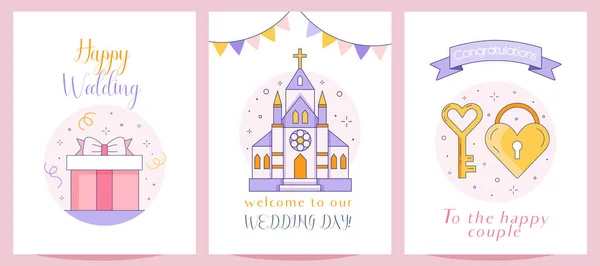 Hochzeitswunschkarten Mit Festlichem Geschenk Und Romantischer Kirche Glückwunschpostkarten Zum Hochzeitstag — Stockvektor