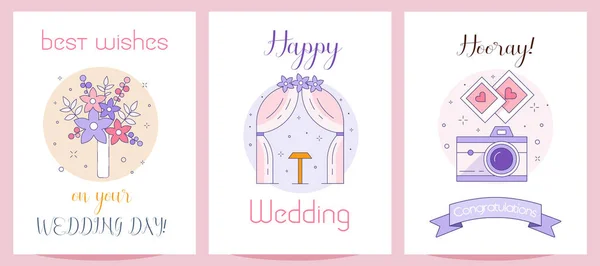 Hochzeitswunschkarten Mit Blumenstrauß Bogen Und Romantischen Fotos Glückwunschpostkarten Zum Hochzeitstag — Stockvektor
