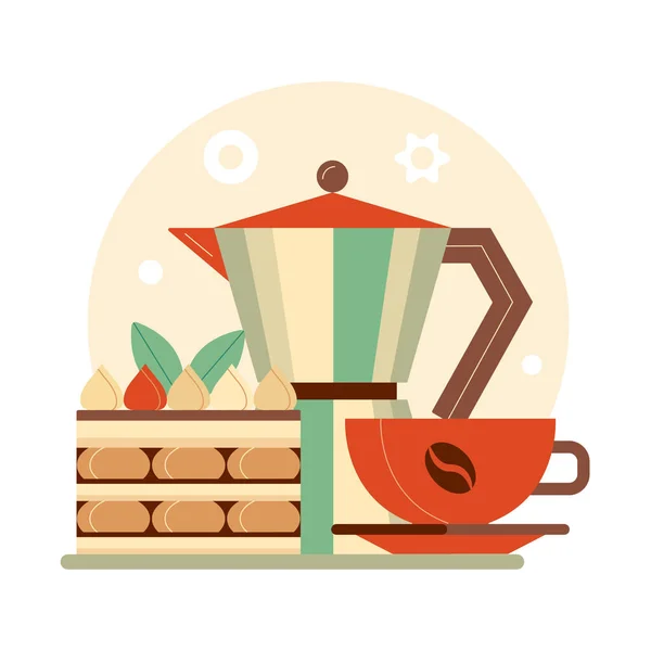 咖啡和派图标与Moka Pot和Tiramisu意大利甜点 早上早餐或咖啡休息时间 用热饮和甜饼作图解 — 图库矢量图片