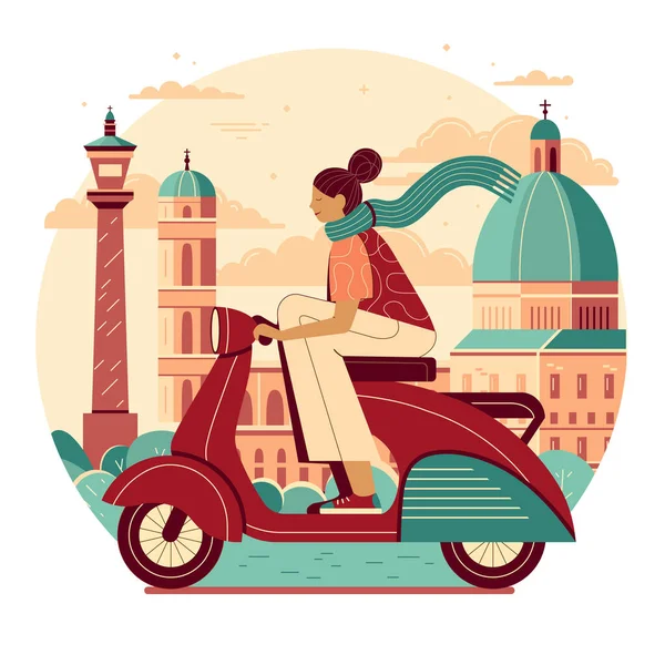 在欧洲古城的背景下 女孩骑着复古滑板车 有着著名的建筑地标 在意大利开老式摩托车的年轻女子 意大利城市旅游概念说明 — 图库矢量图片