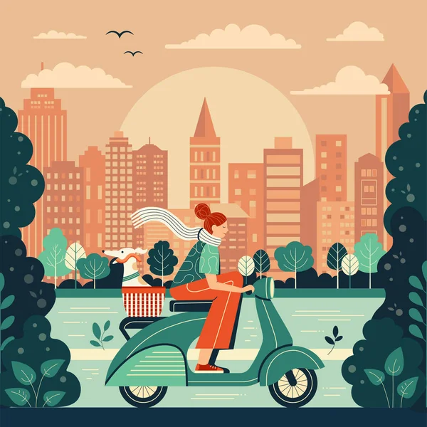 Girl Riding Retro Green Scooter Excited Italian Greyhound Basket Woman — Stock Vector