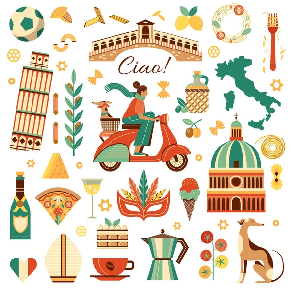 Italy Travel Cliparts Set Woman Riding Scooter Italian Greyhound Basket — Stock Vector