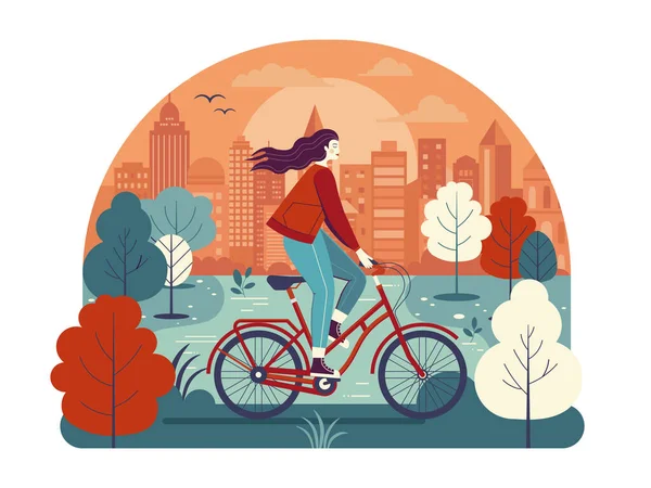 Chica Montando Bicicleta Roja Parque Ciudad Con Estanque Centro Fondo — Archivo Imágenes Vectoriales
