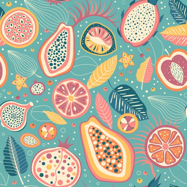 Exotische Früchte Und Tropische Blätter Leuchtenden Vintage Farben Sommerfruchtscheiben Wiederholen — Stockvektor