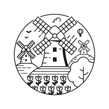 Geleneksel Hollanda değirmenleri ve lale tarlalarıyla Hollanda 'yı gezin. Hollanda yel değirmenleri sanat tasarımı sembolü.