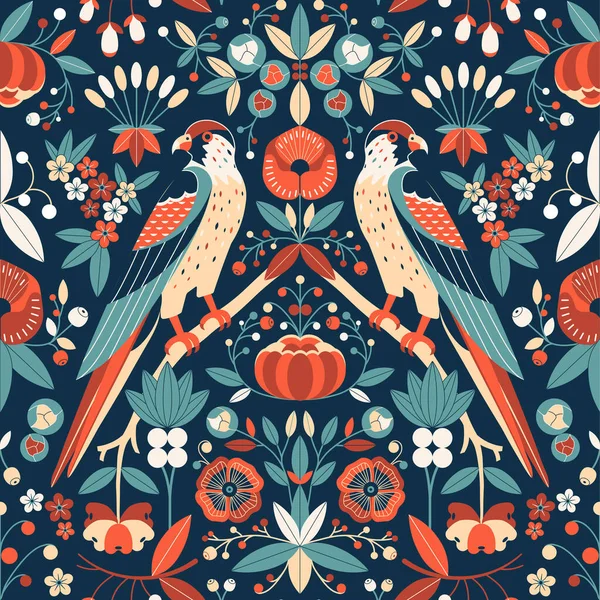 Falcons Art Nouveau Garden Vintage Seamless Pattern Kestrel Bird Prey — Stock Vector