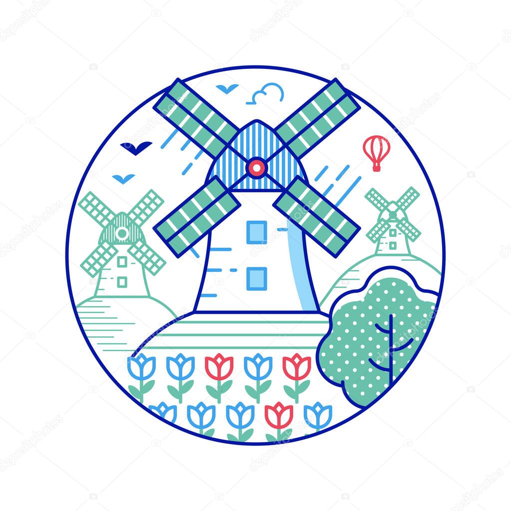 Travel Netherlands icon with traditional Dutch mills and tulips field. Holland windmills circle emblem in line art design.
